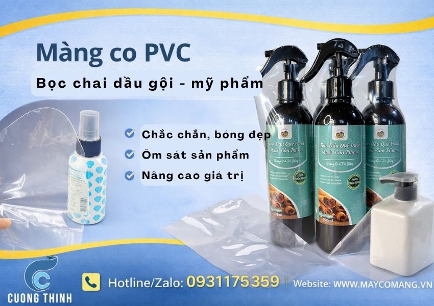 Màng co PVC bọc chai dầu gội, mỹ phẩm
