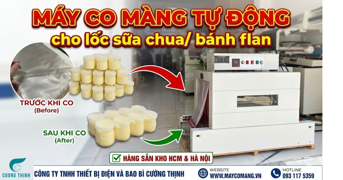Máy co màng bọc lốc sữa chua và lốc bánh flan