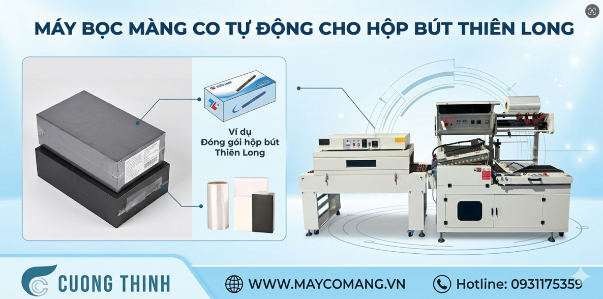máy bọc màng co tự động cho hộp bút thiên long