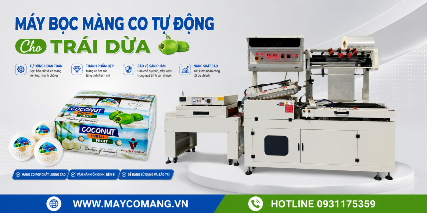Dây chuyền bọc màng co tự động cho trái dừa xuất khẩu