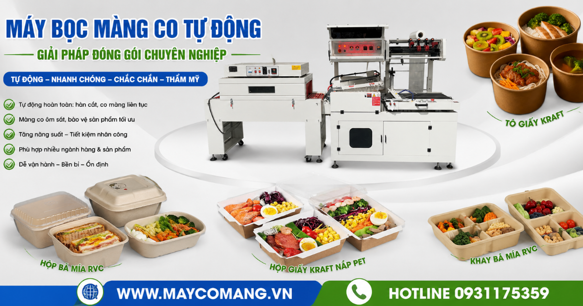 Máy bọc màng co tự động cho hộp cơm văn phòng