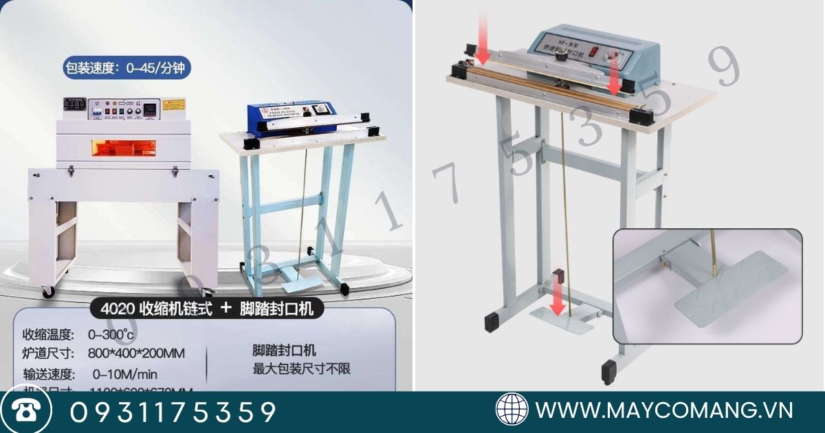 Bộ máy hàn miệng túi dập chân và máy co màng sẵn kho HCM và Hà Nội